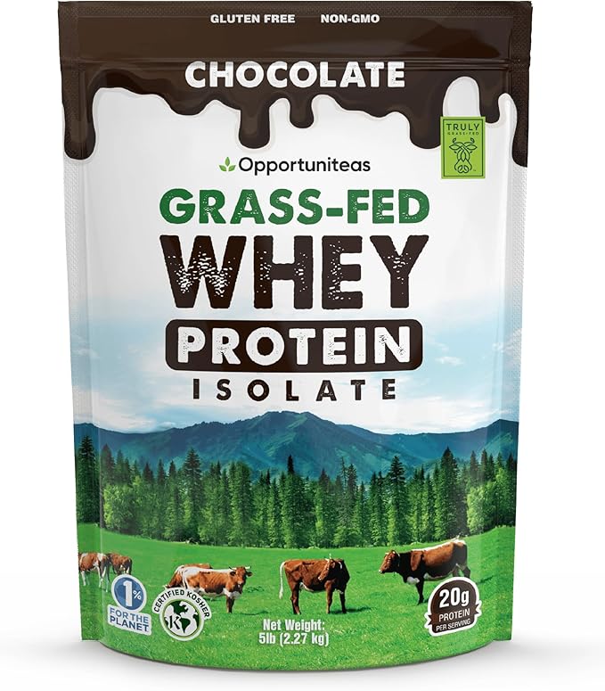 Opportuniteas Grass Fed Chocolate Whey Isolate Protein Powder – 20 g Protein, Heavy-Metal Tested, Made with Organic Cacao & Organic Cane Sugar, Non-GMO, Hormone-Free, Sourced from Ireland, 2.5 lb