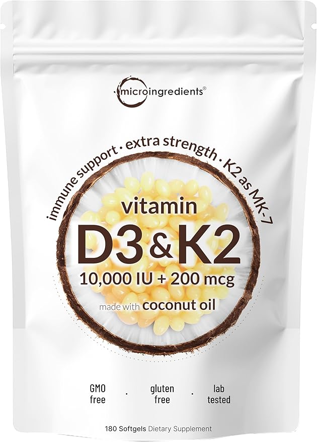 Micro Ingredients Vitamin D3 10,000 IU + K2 MK-7 200 mcg, 180 Softgels | Virgin Coconut Oil | 2-in-1 Bone, Immune & Heart Support | Easy to Swallow, Non-GMO