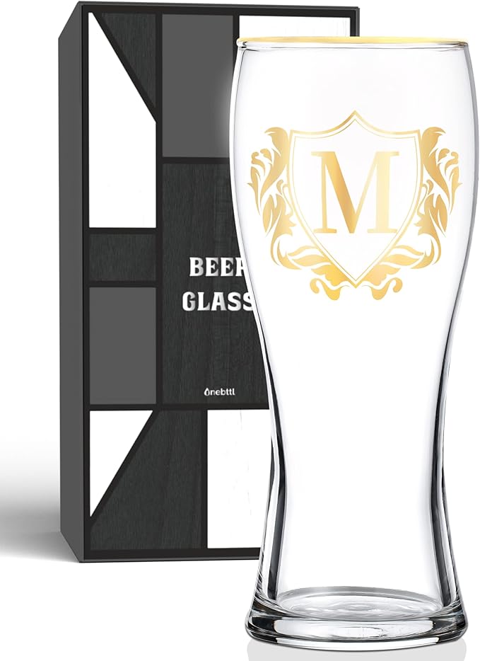 Personalized Beer Glass, Custom Alcohol Gifts for Beer Lovers, Unique Birthday, Christmas Gifts for Dad, Uncle, Husband, Boyfriend, with Initial M