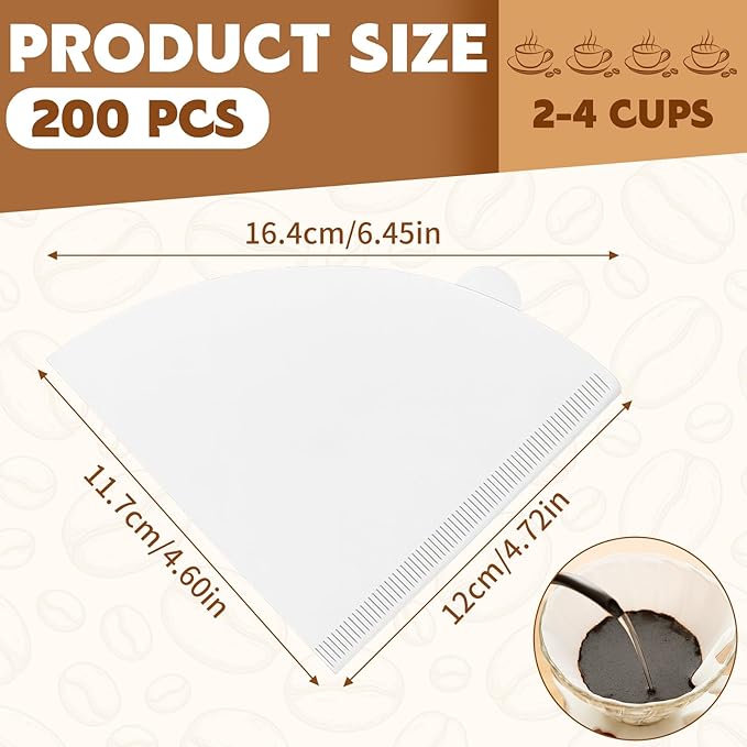 200 Count Cone Coffee Filters, Coffee Filters #2 Disposable, V60 Cone Paper Filter for Pour Over and Drip Coffee Maker, Suitable for Home Coffee Shop (White，2-4 Cup)