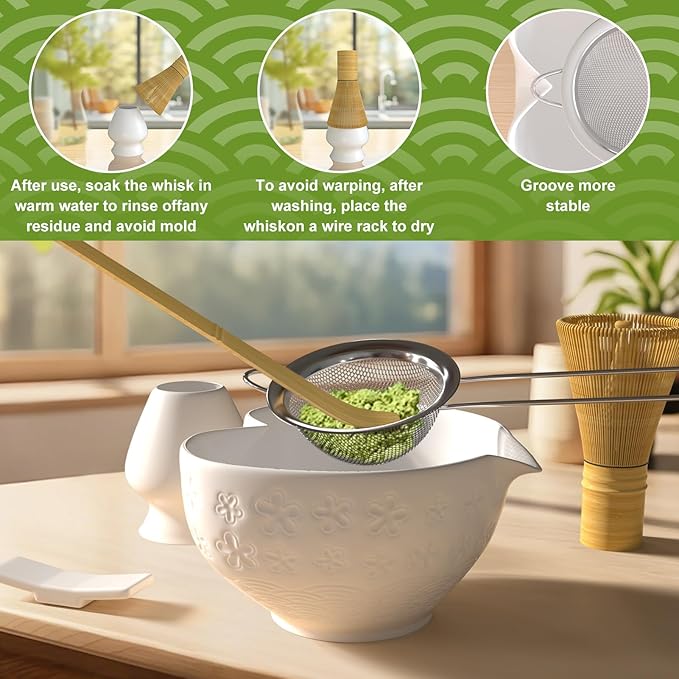 Matcha Whisk Set & Japanese Tea Set, 8PCS Ceramic Matcha Kit, Heart-shaped Matcha Bowl with Spout and Bamboo Whisk for Ceremony Matcha Lovers, Ideal Gift Christmas and Birthday (Ivory White)