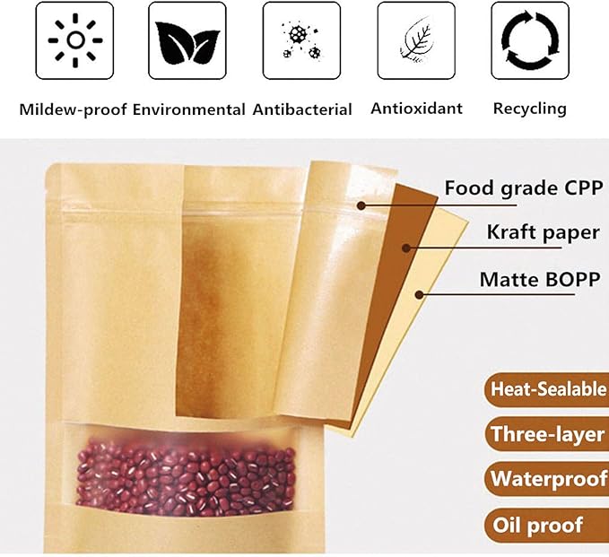 100pcs Kraft Bags with Window Zipper Lock Stand Up Bulk Pouches Resealable 10x14in