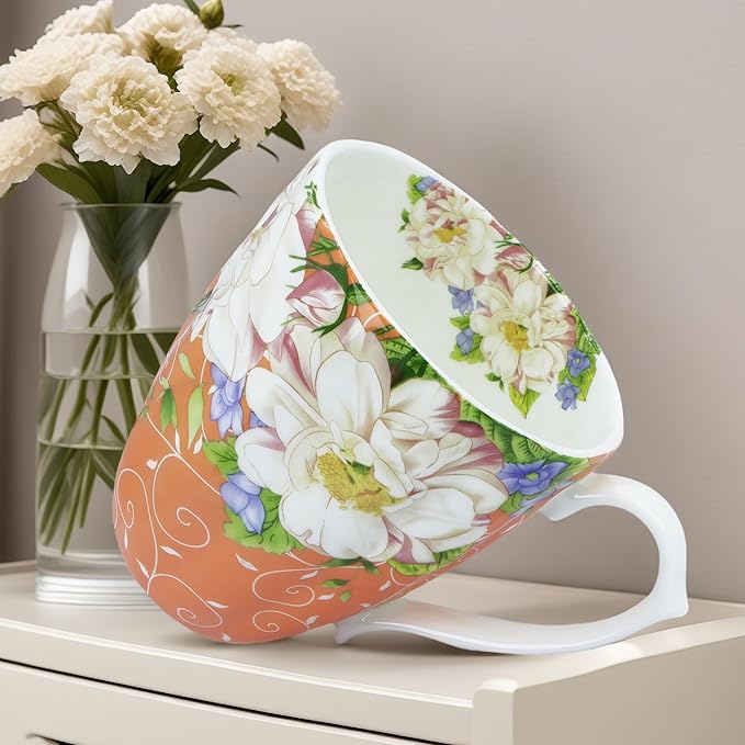 14oz Bone China Coffee Mugs for Women Floral Coffee Mug Tea Cups Novetly Coffee Cups Gift for Women Mom Friends