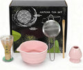 5Pcs Japanese Matcha Tea Set - Ceramic Bowl with Spout & Holder, Bamboo Whisk (Chasen), Scoop, Sifter - Complete Traditional Tea Ceremony Kit for Beginners, Gift for Tea Lovers(Pink)