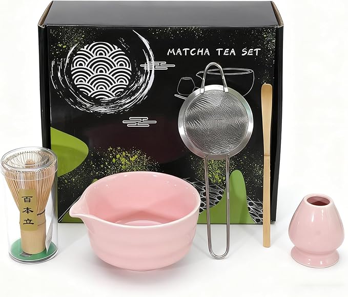 5Pcs Japanese Matcha Tea Set - Ceramic Bowl with Spout & Holder, Bamboo Whisk (Chasen), Scoop, Sifter - Complete Traditional Tea Ceremony Kit for Beginners, Gift for Tea Lovers(Pink)