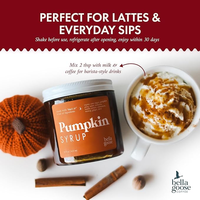 Bella Goose Pumpkin Syrup (16oz) - Homemade Pure Cane Sugar Syrup for Lattes, Matcha, Desserts & Ice Cream - Clean Ingredient - No Artificial Flavors, Dyes or Preservatives - Syrups for Coffee Drinks
