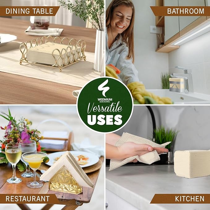 Weemium Compostable Napkins Disposable - FSC Certified - Pack of 300, 2-Ply - 5 x 5 Inch Folded - Post-Consumer Recycled Materials - Biodegradable & Highly Absorbent Paper Napkins for Lunch & Dinner