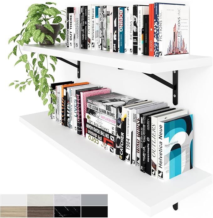 Kaboon 36 inch Long 10 inch Deep Floating Shelves for Wall Set of 2, Large Open Shelves Wall Mounted, Space Saving Home and Commercial Use, White