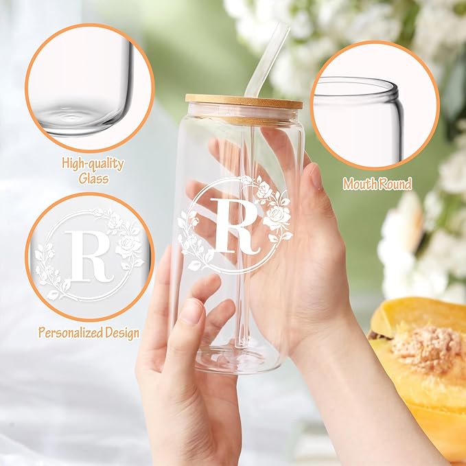 Birthday Gifts for Women, Monogrammed Initial Glass Cup Personalized Gifts for Women, 16oz Glass Cups with Lids and Straws, Iced Coffee Cup, Beer Can Shaped Glass - Gifts for Christmas, Birthday, R