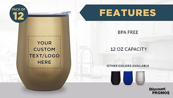 Custom Stemless Wine Tumblers 12 oz. Set of 12, Personalized Bulk Pack - Insulated, Perfect for Wine, Cocktails, Other Hot & Cold Beverages - Gold