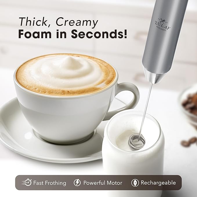 Zulay Kitchen Lux Electric Milk Frother Rechargeable Handheld - 4 Whisks, Powerful 2-Speed Motor, Waterproof, 2000mAh Battery - Drink Mixer for Latte, Cappuccino, Matcha & Protein Powder - Silver
