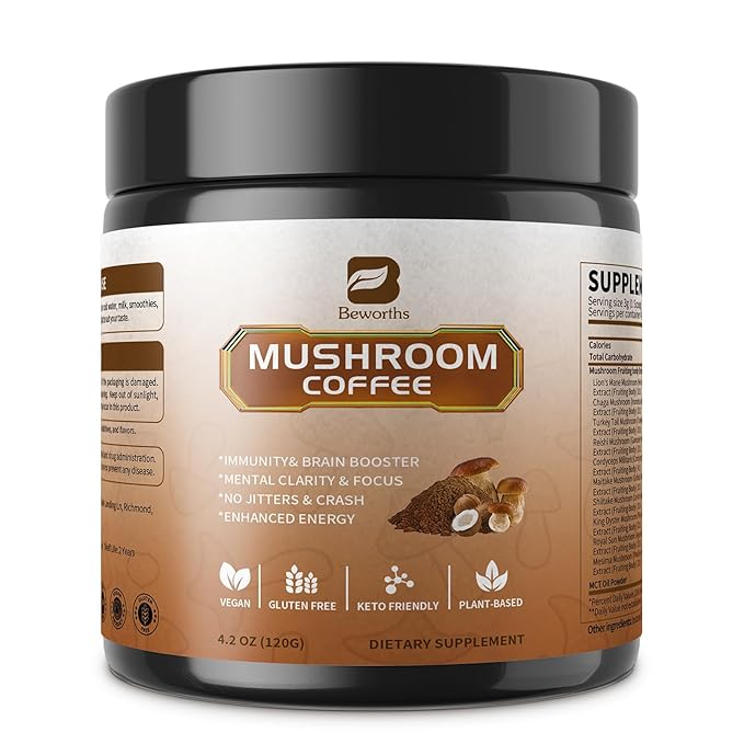 Mushroom Coffee Powder with MCT Oil - 10 Mushrooms Lion's Mane, Turkey Tail, Reishi, Cordyceps & Chaga - Arabica Instant Mushroom Coffee for Focus, Immune, Gut & Brain Health | Vegan, Keto