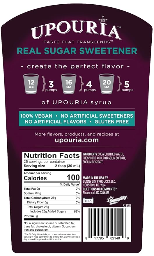 Upouria Real Sugar Sweetener Simple Syrup, 100% Vegan and Gluten-Free, 750 mL Bottle - Coffee Syrup Pump Included