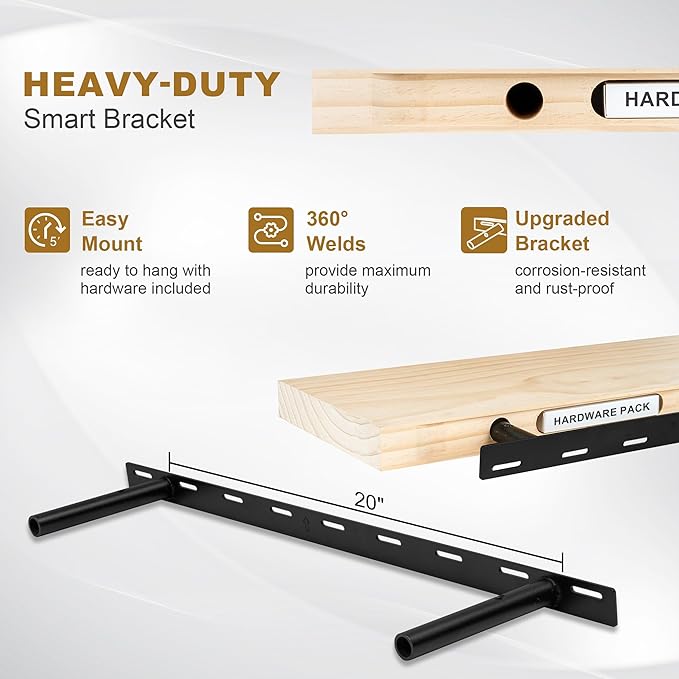 Fun Memories Floating Shelves, 9.3'' Deep Solid Pine Wood Wall Shelves for Storage, Wall Mounted Display Shelf with Invisible Heavy-Duty Metal Bracket, 36'' Width Set of 2, Unfinished - DIY Stain