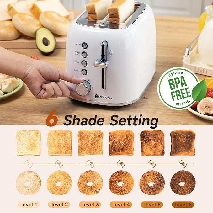 Aigostar Retro 2 Slice Toaster - Stainless Steel, Extra Wide Slots, Bagel Function, Cancel & Defrost, 6 Shade Settings, Removable Crumb Tray, White