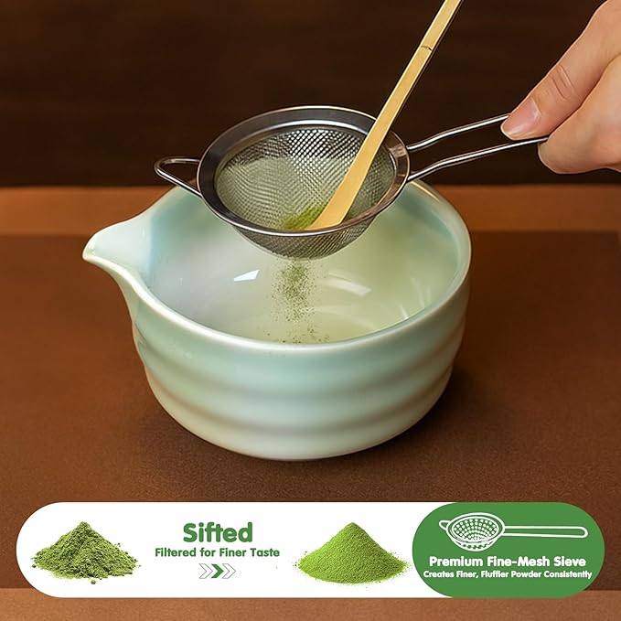 Matcha Whisk Set, 7 Pcs Ceramic Matcha Whisk Kit, Bowl with Spout, Holder, Stainless Sifter, Bamboo Scoop and Tea Towel, Gift Set for Tea Lovers