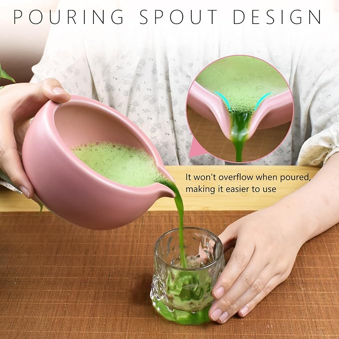 Artcome 7 Pcs Complete Matcha Ceremony Kit for Tea Ceremony, Bowl with Pouring Spout, Whisk, Tea Scoop, Matcha Powder Strainer, Matcha Tea Set For Making Usucha, Koicha and Matcha Latte (Pink)