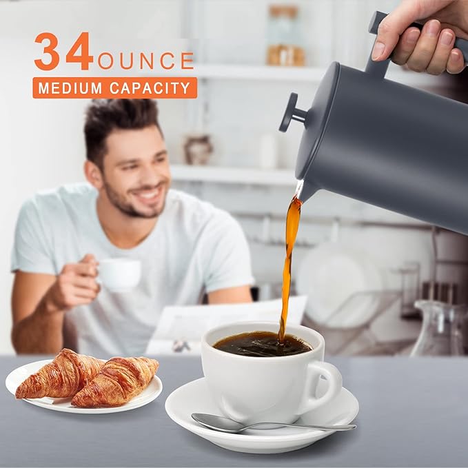 Secura French Press Coffee Maker, 304 Grade Stainless Steel Insulated Coffee Press with 2 Extra Screens, 34oz (1L), Grey