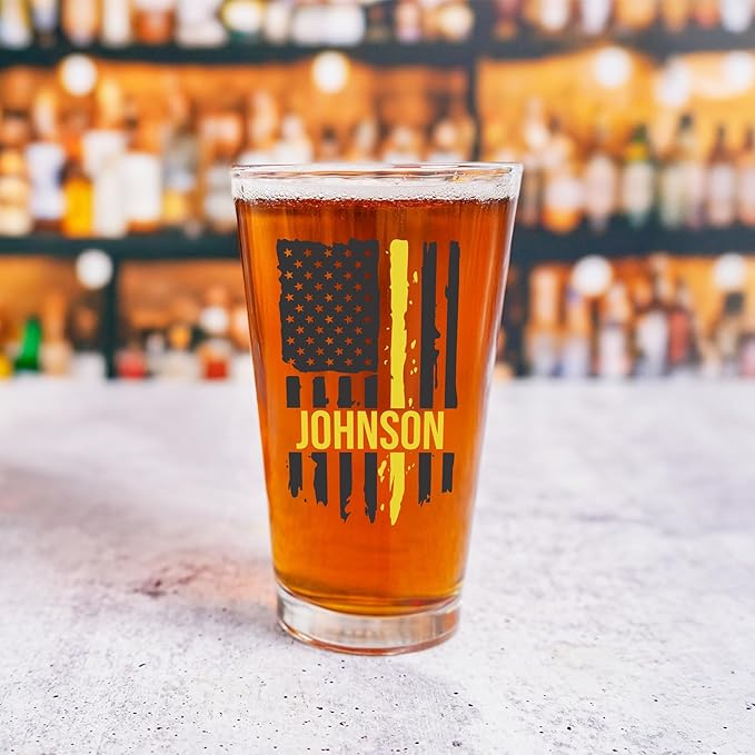 Blue Ridge Mountain Gifts - Thin Yellow Line Pint Glass - Personalized Dispatch Glass, 911 Dispatch Appreciation, Yellow Line Merch, First Responders Gift, Custom Barware, Thin Gold Line American Flag