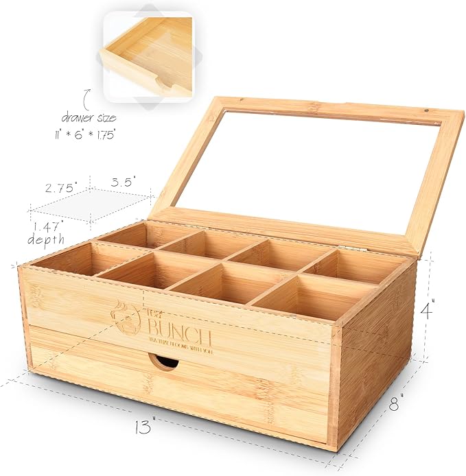 Bamboo Tea Bag Organizer – 8 Compartments, Drawer, Magnetic Lid, Premium Gift for Tea Lovers, Eco Kitchen Storage Box, Clear Window, Pantry Organizers And Storage (Organizer Only)