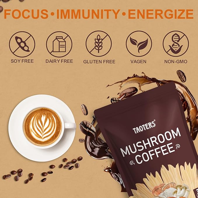 Adaptogenic Mushroom Coffee, 6 Mushrooms Extract Powder (Lion’s Mane, Cordyceps, Turkey Tail & Other) Mixed With Instant Coffee for Focus, Energy and Gut Health Support, 30 Servings