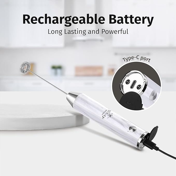 Zulay Kitchen Lux Electric Milk Frother Rechargeable Handheld - Powerful 2-Speed Motor, Waterproof, 2000mAh Battery - Drink Mixer for Latte, Cappuccino, Matcha & Protein Powder - White Marble