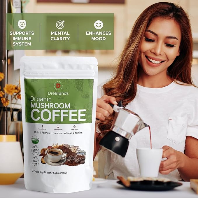 DreBrands Mushroom Coffee |10 in 1 Organic Mushrooms | USDA Organic | Instant Coffee | Wood Ear | Better Energy, Focus, Digestion, Immunity | Shiitake, Lion’s Mane, Turkey Tail | 15 Servings