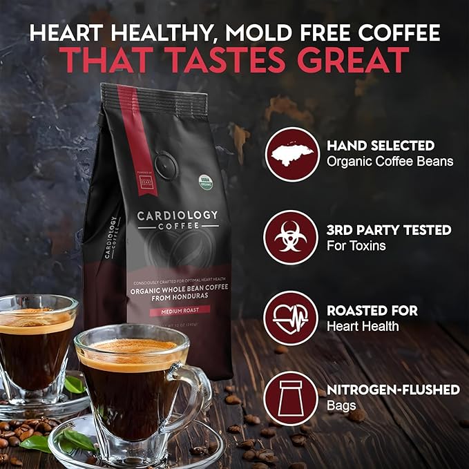 Cardiology Coffee – Whole Bean Coffee – USDA Certified Organic, Mold Free 12oz Premium Medium Roast Organic Coffee Beans with Antioxidant Benefits – Perfect for Heart Healthy Lifestyle