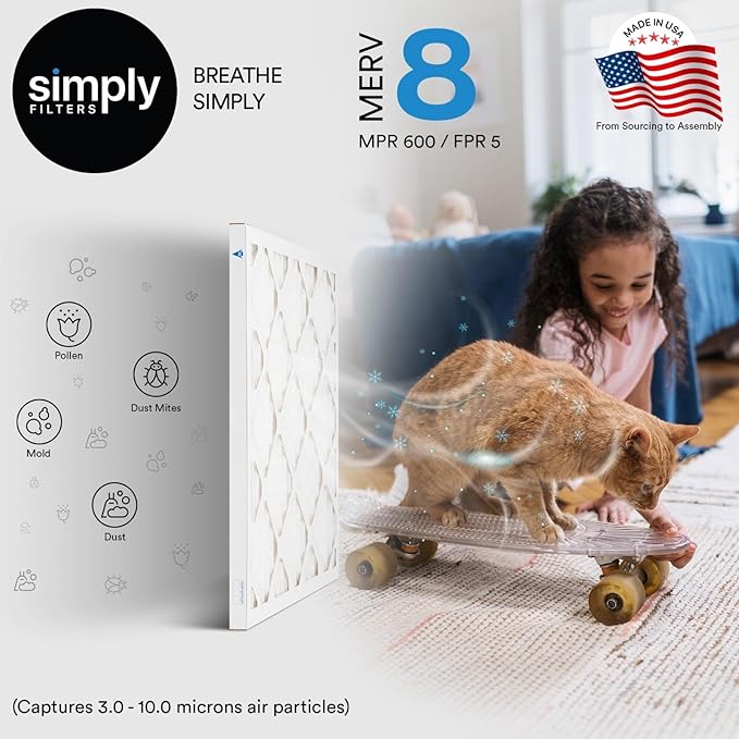 Simply 16x20x1 Air Filter, MERV 8, 6 Pack, For Home AC Furnace & HVAC (Actual Size: 15.75"x19.75"x0.75") DUST, Pet, & Allergy Control