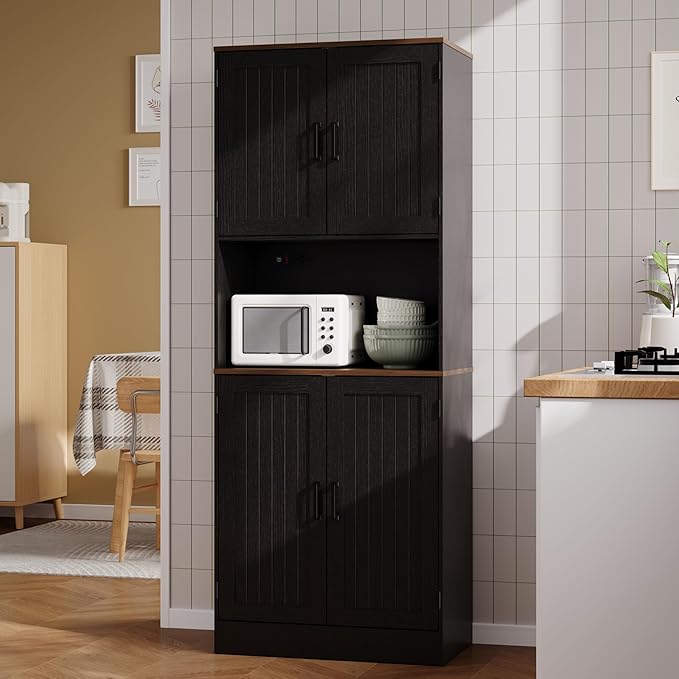 MHOM 71" Tall Pantry Cabinet with Charging Station, Farmhouse Kitchen Hutch with Adjustable Shelves, Modern Kitchen Pantry Storage Cabinet for Dinning Room & Living Room, Antique Black