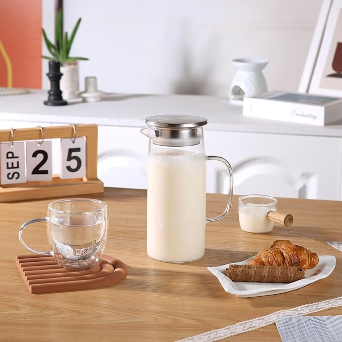 Glass Pitcher With Lid and Spout - Iced Tea and Beverage Pitcher for Fridge, Small Water Jug 1000ml/34oz