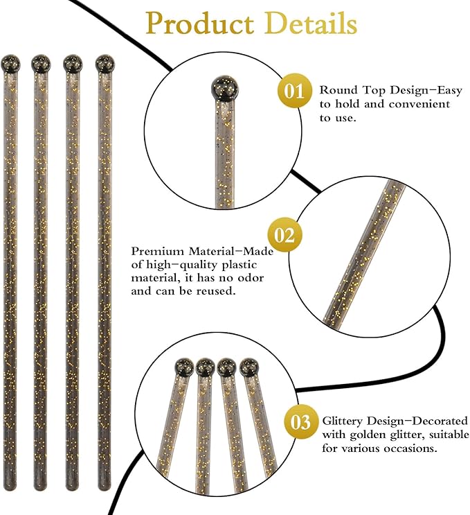 100 PCS Black Gold Glitter Plastic Swizzle Sticks, Crystal Cake Pops, Cocktail Coffee Drink Stirrers, Lolipop Stick for Christmas New Year Party, 7.10 Inch
