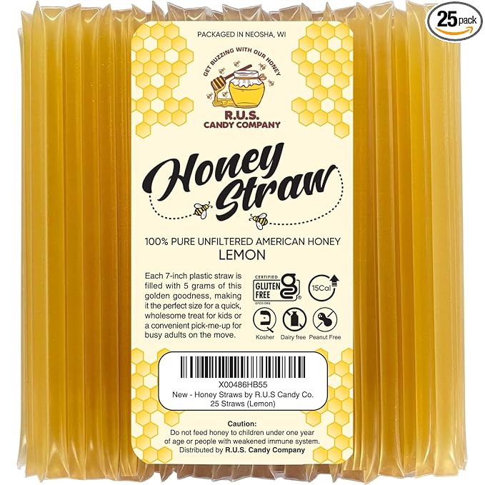 25 Pack Honey Sticks For Tea, Snacking, Honey Straws Packets Single Serve Stir Sticks, Natural Flavor by R.U.S Candy Company- (Lemon)
