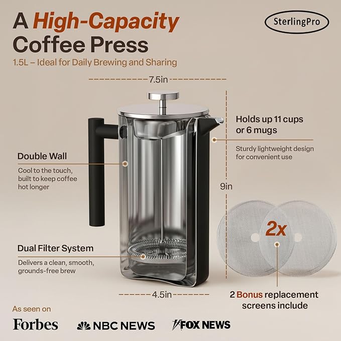 Stainless Steel French Press Coffee Maker Large 1.5 L(51 oz) Black – Durable Double Walled Insulated Coffee Press Keeps Drinks Hot, Easy to Use and Clean Stylish Design for Rich Flavor