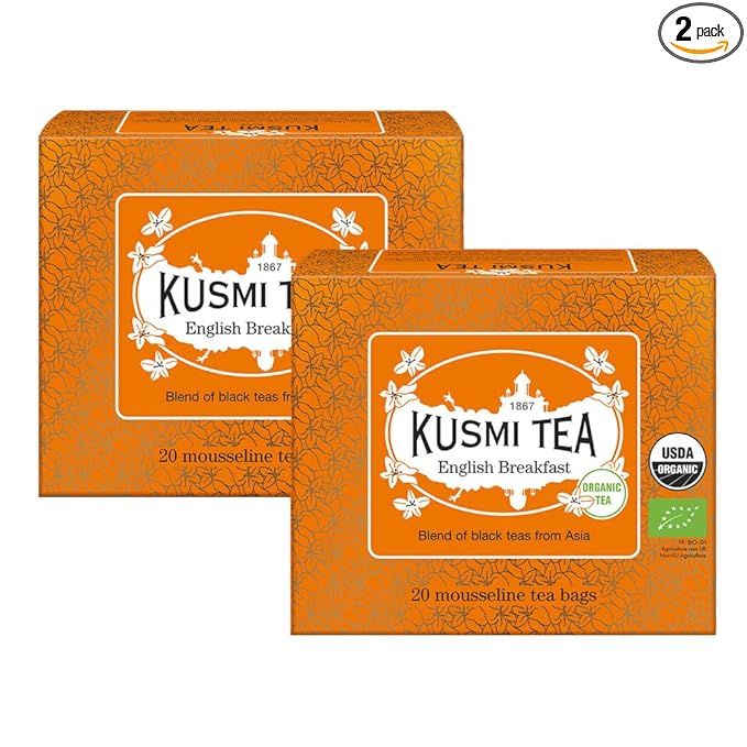 Kusmi Tea - Pack of 2 Boxes of Tea Bags - English Breakfast - Organic English Breakfast Black Tea - Ceylon & Assam Black Teas - Smooth, Flavourful, Robust, Caffeinated Tea - 2x20 Tea Bags