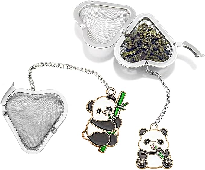 2pcs loose leaf tea steeper, cute tea strainer, stainless steel heart shaped tea infuser, tea ball for loose leaf tea gifts for tea lovers (2 cute pandas)