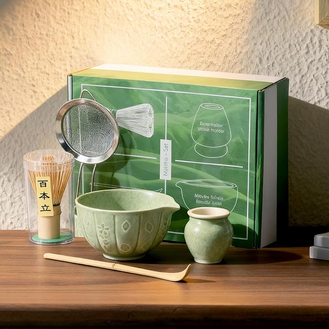 Matcha Whisk Set-5pcs, 16OZ Japanese Tea Set Includes Matcha Bowl with Spout, Bamboo Whisk with Ceramic Holder, Bamboo Scoop and Stainless Steel Sifter
