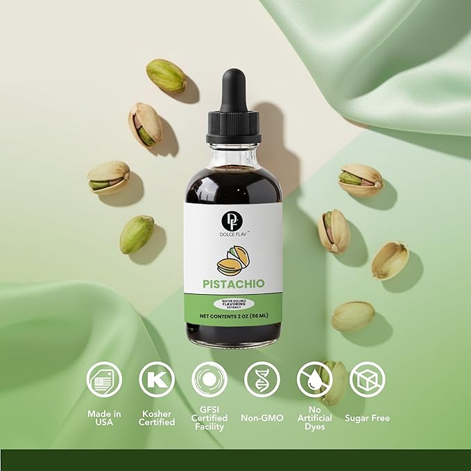 Dolce Flav Pistachio Extract – 2 Ounce Water-Soluble Kosher, Sugar-Free, Concentrated Nutty Pistachio Flavor for Baking, Ice Cream & Pastries, Includes Measured Dropper