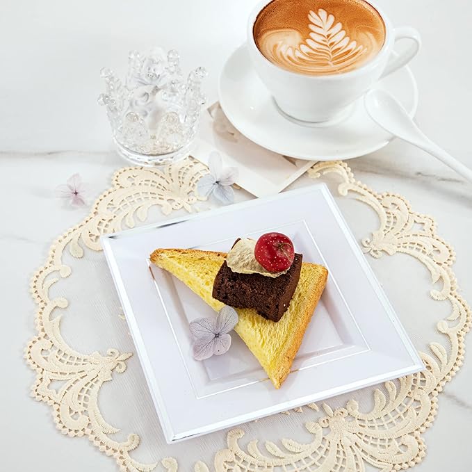 bUCLA 100PCS White and Silver Square Plastic Plates - 6inch Disposable Dessert Plates - Suitable for Weddings, Parties, Christmas