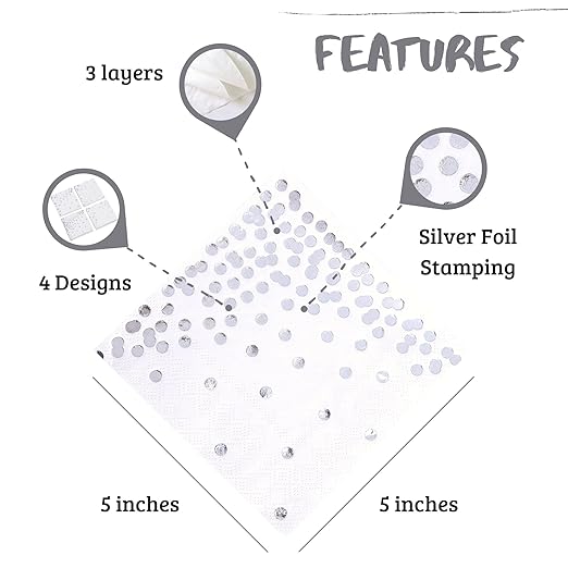 100 Silver Napkins - 4 Assorted Designs l 3-Ply Cocktail Napkins Paper Folded 5 x 5 Inches l Bar Napkins Disposable Party Napkin for Wedding Baby Shower Birthday (Assorted Pink)