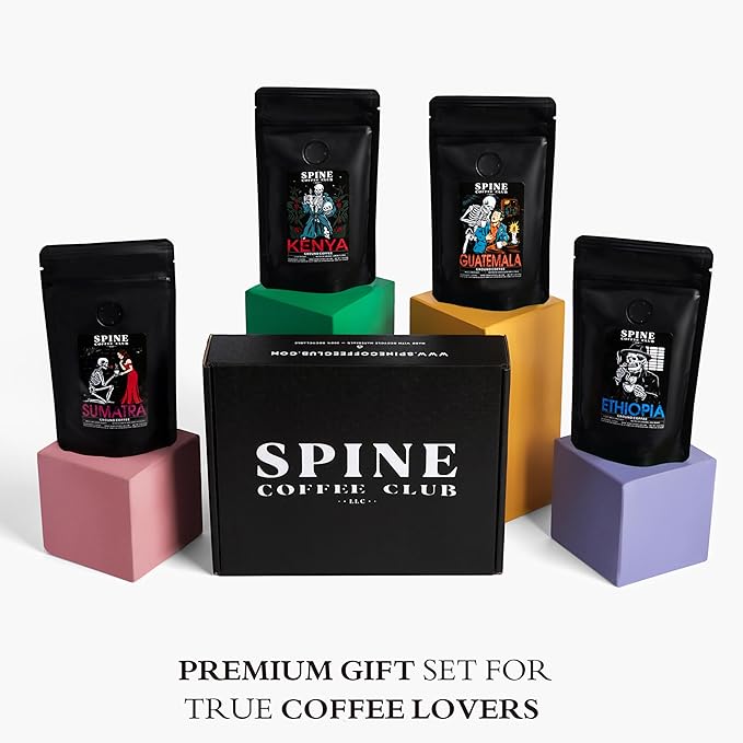 Spine Coffee Club LLC 4-Pack Gourmet Coffee Sampler Gift Box Set with Ethiopia, Sumatra, Guatemala, Kenya Single Origin Selection – Ground Coffee