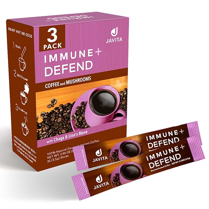Mushroom + Coffee, Javita Immune & Defend Blend of Chaga, Lion's Mane and Dark Roast Robusta Coffee for Morning Boost, Wellness Support, Smooth, Convenient Coffee Mix (3 box/72 serv)