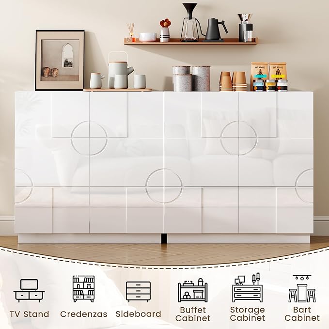 LVSOMT Sideboard Buffet Cabinet with Storage, Modern Accent Credenza with Doors and Adjustable Shelve, 33" Wood Coffee Bar Cabinet for Kitchen, Entryway, Dining Room, High Gloss White