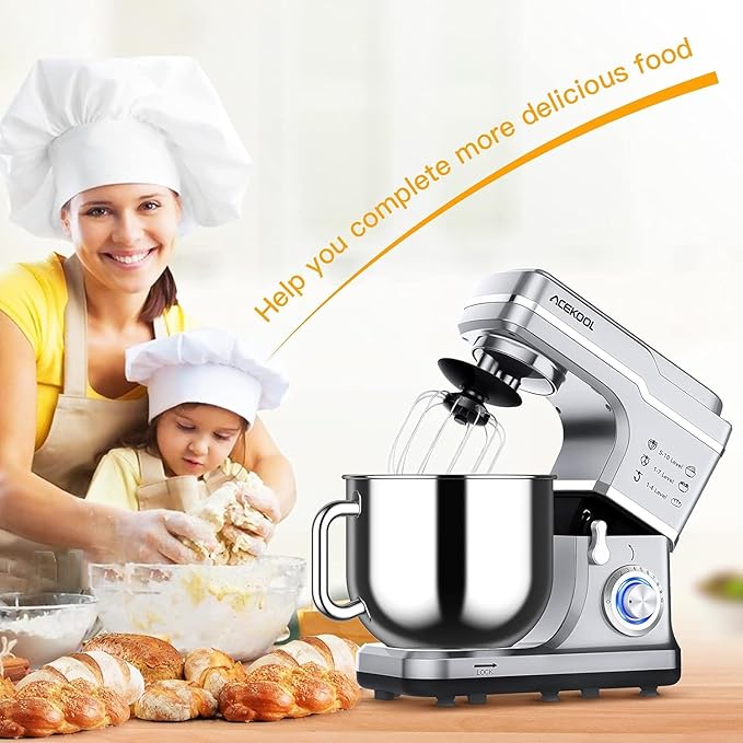 Garvee 7.5 QT Stand Food Mixer, 10-Speed Tilt Head 3 in-1 Kitchen Electric Mixer with Stainless Steel Bowl, Egg Whisk, Dough Hook, Beater, Splash Guard, Compact Dough Mixer for Home Cooks, Silver
