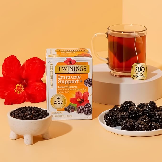 Twinings Superblends Immune Support+ Zinc Blackberry Flavoured Hibiscus & Elderberry Herbal, Naturally Caffeine-Free, 16 Count (Pack of 1), Enjoy Hot or Iced, 16 Teabags