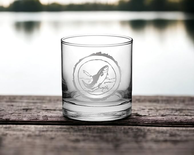 Duck Hunting Gifts for Hunters and Outdoorsman Mallard Whiskey Glass with Coaster Rustic Décor for Mountain Cabin Lake House Beer Pint Glass Fishing Fisherman Dad (Fish, Single Whiskey Glass)
