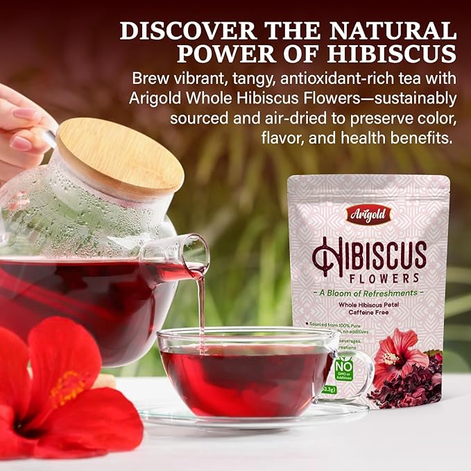 Arigold Pure Whole Petals Hibiscus Tea 1lb – Dried Hibiscus Flowers, Flor de Jamaica, Hibiscus Sabdariffa, Bissap, Sorrel, hibiscus tea loose leaf Herbal Tea for Agua Fresca, Cocktails, Iced Tea & Hot Tea | Caffeine-Free & Rich in Antioxidants.