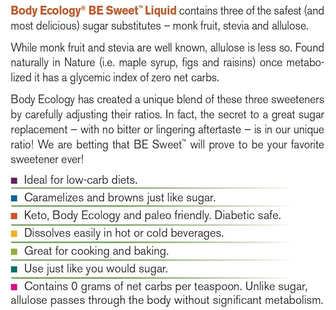 Body Ecology BE Sweet Liquid Sugar Substitute | All-Natural Sweetener | Zero Calorie Stevia Liquid | Zero Glycemic | Reusable 24 OZ