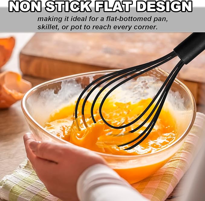 Anaeat Silicone Kitchen Whisk Set of 4, Perfect for Non-Stick Cookware, Egg Beater Milk Blender for Whisking, Cooking, Baking, Beating - 11'' Flat Whisk and 9''+11''+12'' Balloon Whisks (Black)