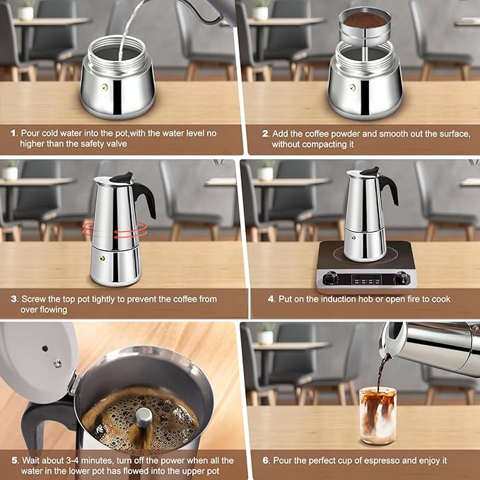 9 Cup Stovetop Espresso Maker Stainless Steel Moka Pot Stove Top Percolator Italian Coffee Makers Capable Mocha Greca Machine Cafe Classic Induction Cookers for Home and Camping 450ml 15oz